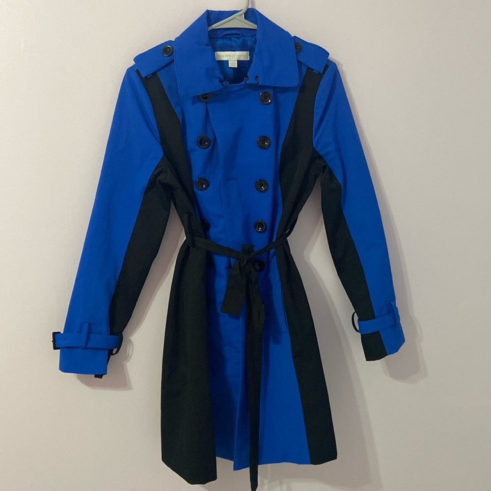 New York & Company Blue and Black Button Up Rain Jacket